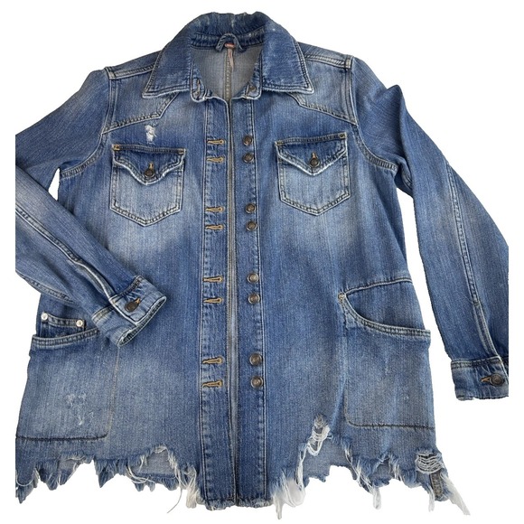 Free People Jackets & Blazers - Free People Oversized Distressed Denim Raw Hem Jacket Size XS